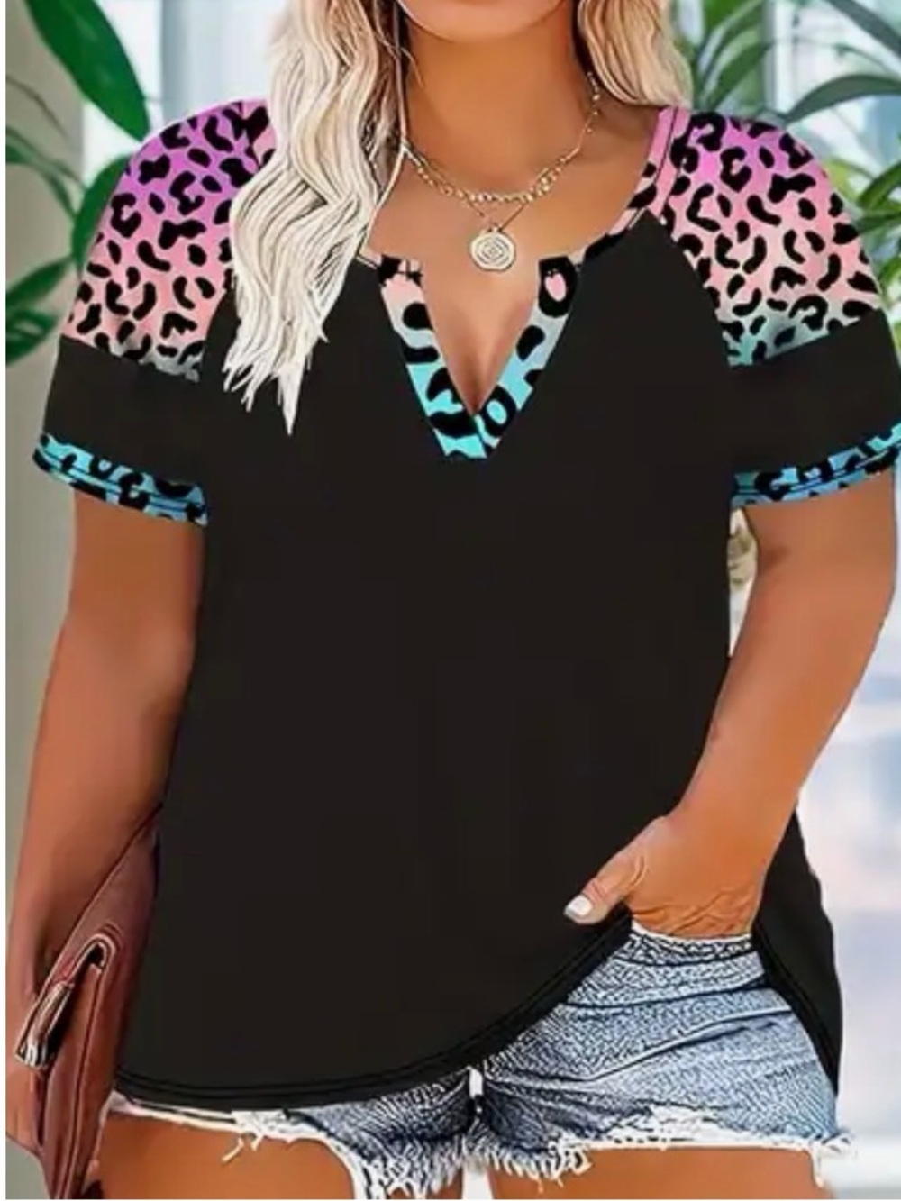 Black V-Neck Top with Pink & Blue Leopard Accents